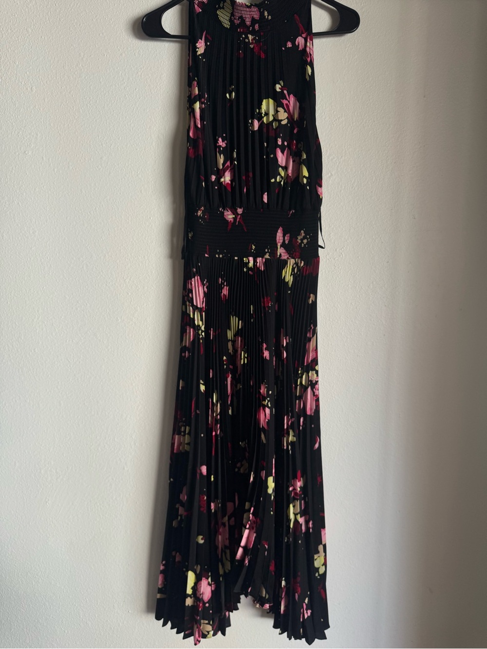 A.L.C. Black Floral Pleated Maxi Dress with Pink & Yellow Accents